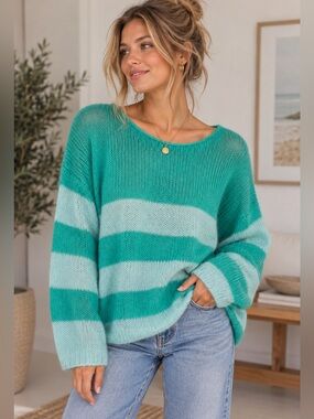 Wooden Ships Alpaca Blend Teal and Light Aqua Striped Scoopneck Sweater